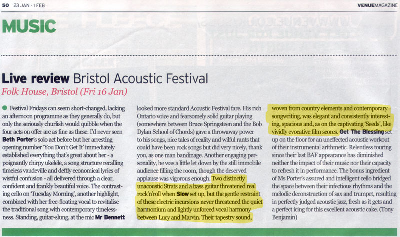 Slow at the Bristol Acoustic Festival Jan 2009 - Review in Venue Magazine
